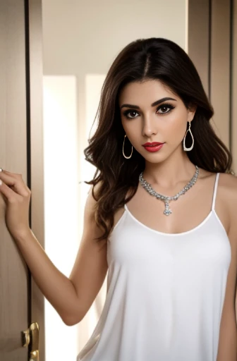 Lebanese woman, diamond dangling earrings, necklace, bracelets, small breasts, 40 years old, smokey eyes, red lips, innocent face, white home tank top, thin straps, camisole, pants, shirt