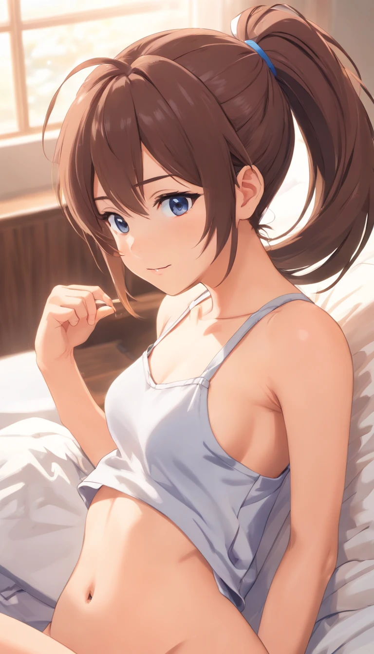 masutepiece,Best Quality,High resolution,Fine details,独奏,Adult Woman,blush,Curve,((Delicate white underwear)),(On a luxury hotel bed),sexy hips、Long Wave Hair、dark brown hair、Stretch the hem of the buttocks with a slouch、Mid-chest、blue eyes、((masterpiece、Highest quality, High resolution, uhd, Pixel perfect, Depth of written boundary, 4K, RTX, HDR)), 1 Girl, single, alone, 24-years-old, Beautiful Anime Girls, Beautiful art style, anime character, ((Parted bangs, Brown Hair)), (blue eyes、Round eyes, Beautiful eyelashes, Realistic eyes), (Detailed face:1.2), (Smooth texture:0.75, Realistic texture:0.65, Realistic:1.2, Cinematic, Anime CG Style), Perfect body, Best Bust、Bust 85、Perfect Body、nsfw:1.8,Visible from the thighs、Bra shoulder straps、Sit on the bed、Night Background、Beautiful white panties、Crossing your legs