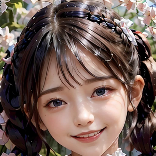 highest quality, ultra nothing, realistic, Photo of one beautiful woman, detailed face, black dutch braid with a twist, (detailed porcelain dolls,Delicate clothes with lots of frills and ribbons), Mansion Pool, (close up face), fascinating look, looking at the viewer, smile, Bright lighting, 10 years old