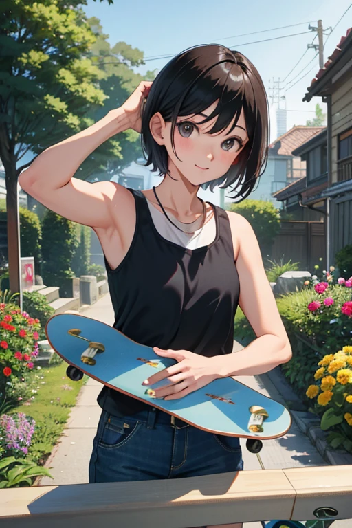 Ride a skateboard、Beauty、Upper body、34 years old、short hair、Hand2Book、meaty、Glamour、garden