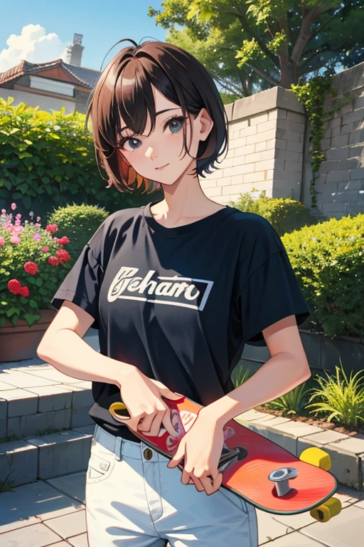 Ride a skateboard、Beauty、Upper body、34 years old、short hair、Hand２Book、meaty、Glamour、garden
