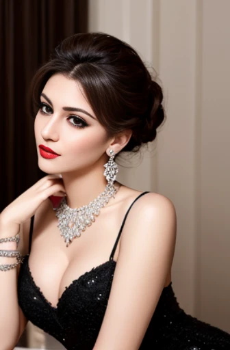 Lebanese woman, diamond dangling earrings, necklace, bracelets, small breasts, 40 years old, smokey eyes, cleavages, red lips, innocent face, black fashion ball gown, stylish hairstyle, posing, modeling, brunette 