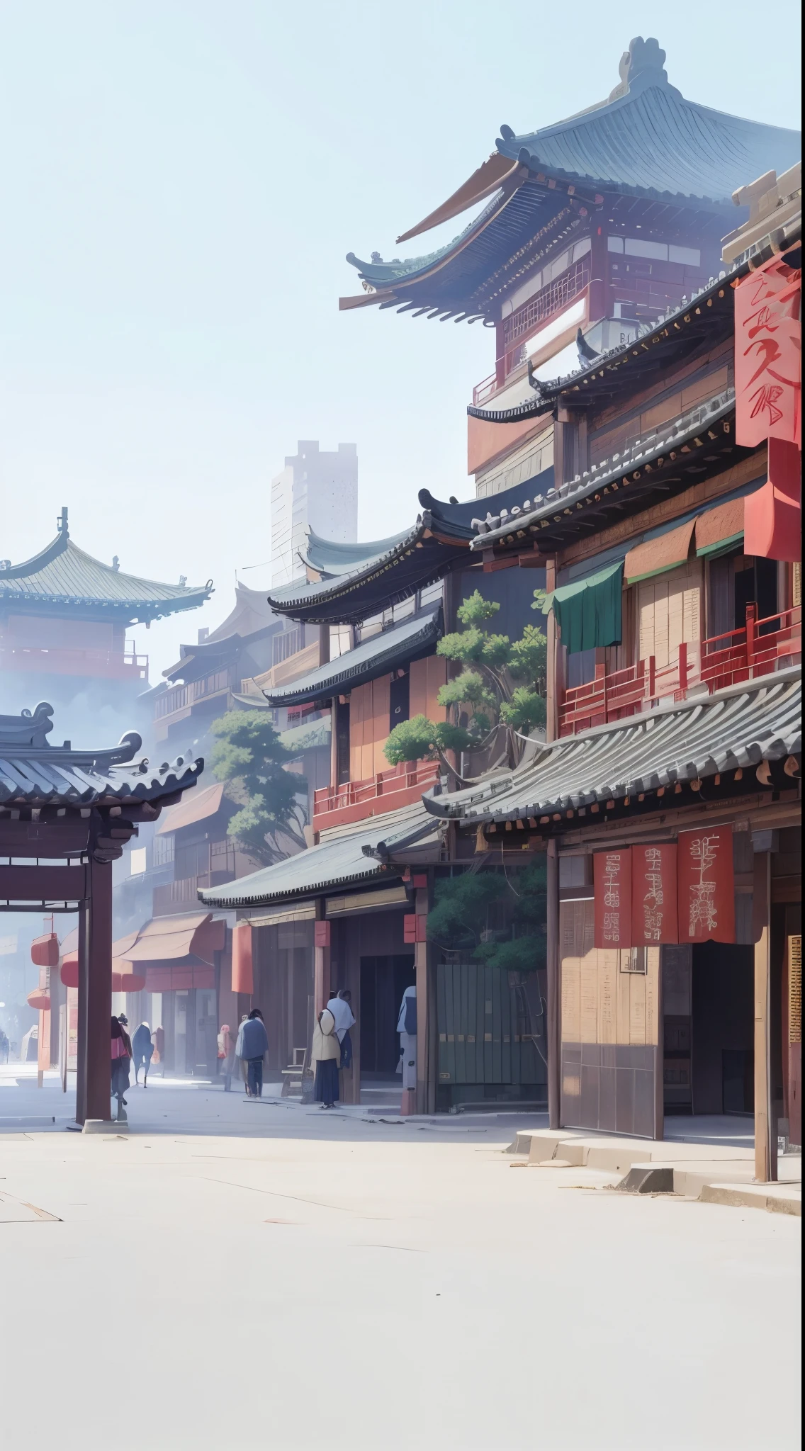There is a photo of a building with many windows, Chinese street scene,Dream China Town, Beautiful rendering of the Tang Dynasty, Chinese feudal era background, Realistic anime 3D style, anime scenery, anime background art, Anime style cityscape,