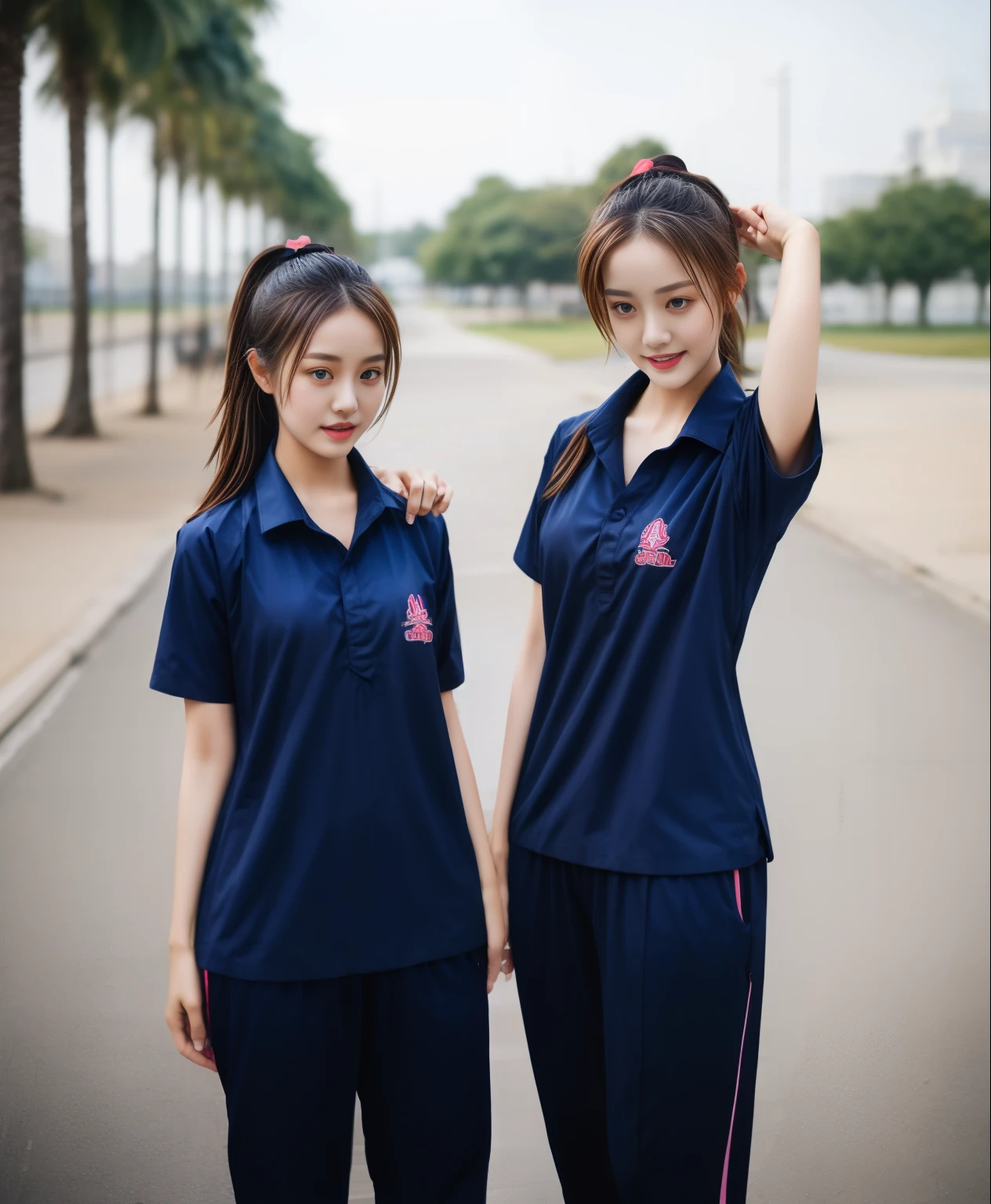 2 girls in fitness center, Navy blue short-sleeved shirt,Navy Long Trackpant,Sweatpants, Sweatpantsขายาว,25 year old girl, lesbian, sexy, exercise clothes, wet body, exercise clothes