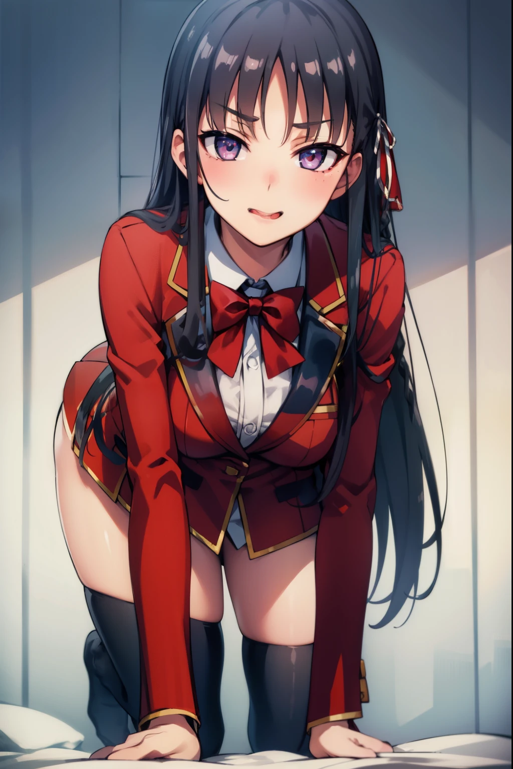 A large amount white yogurt of all over the body on the chest and tongue, taken from the front, suzunehorikita, suzune horikita, black hair, braid, long hair, (purple eyes:1.1), BREAK black thighhighs, blazer, bow, bowtie, buttons, long sleeves, weat, thin, mouth wide open, ((tongue out)), crawling on all fours, A large amount of white yogurt on the face and tongue, thighhighs, zettai ryouiki, (red blazer:1.5), BREAK looking at viewer, full body, BREAK indoors, classroom, BREAK (masterpiece:1.2), best quality, high resolution, unity 8k wallpaper, (illustration:0.8), (beautiful detailed eyes:1.6), extremely detailed face, perfect lighting, extremely detailed CG, (perfect hands, perfect anatomy)
