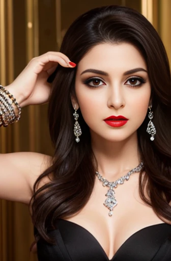 Lebanese woman, diamond dangling earrings, necklace, bracelets, small breasts, 40 years old, smokey eyes, cleavages, red lips, innocent face, black fashion ball gown, stylish hairstyle, posing, modeling, brunette 