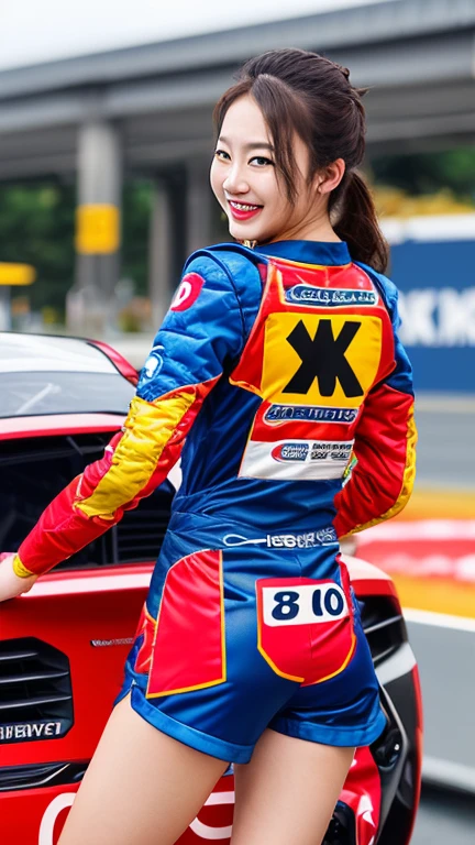 Highly detailed CG Unity 8K wallpaper, highest quality, Super detailed, masterpiece, realistic, photo realistic, Highly detailed cute girl, 25 years old, (whole bodyからつま先まで:1.4)、(whole body)、(whole body to toes)、(shot from the side)、(sitting on the hood of a car)、(lace queen)、
(Sponsored and wearing grid girl costume'logo is printed.:1.3), (shorts) , (sitting in a motorsport race), (cleavage), smile ,whole bodyショット ,(Side view)、(side shot)、(smile at the camera)、