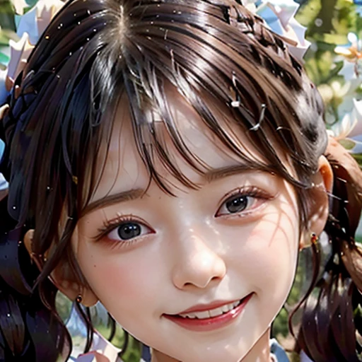 highest quality, ultra nothing, realistic, Photo of one beautiful woman, detailed face, black dutch braid with a twist, (detailed porcelain dolls,Delicate clothes with lots of frills and ribbons), Mansion Pool, (close up face), fascinating look, looking at the viewer, smile, Bright lighting, 10 years old