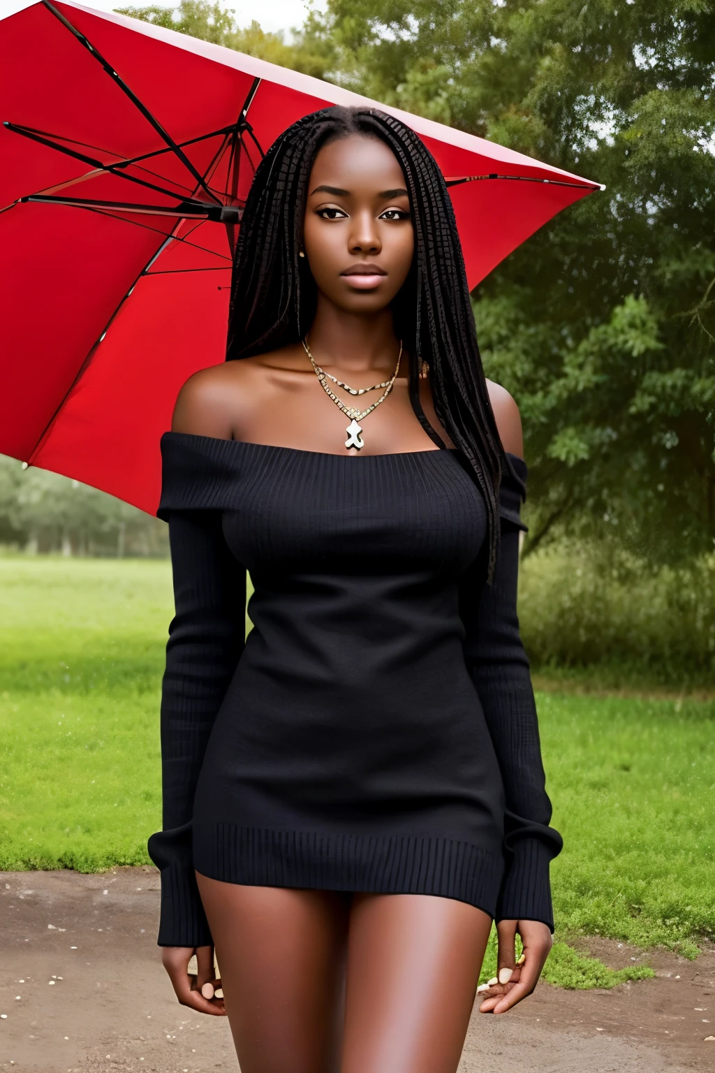1girl in, age19, Solo, black African, Long hair, Colossal tits, Looking at Viewer, blondehair, Brown eyes, jewely, Full body, a necklace, off shoulders, Sweaters, Realistic, A sexy, outdoors under umbrella