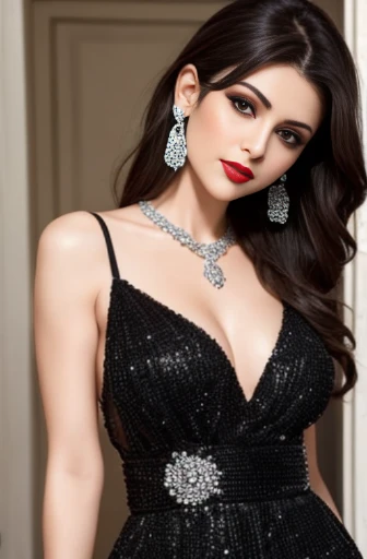 Lebanese woman, diamond dangling earrings, necklace, bracelets, small breasts, 40 years old, smokey eyes, cleavages, red lips, innocent face, black fashion ball gown, stylish hairstyle, posing, modeling, brunette