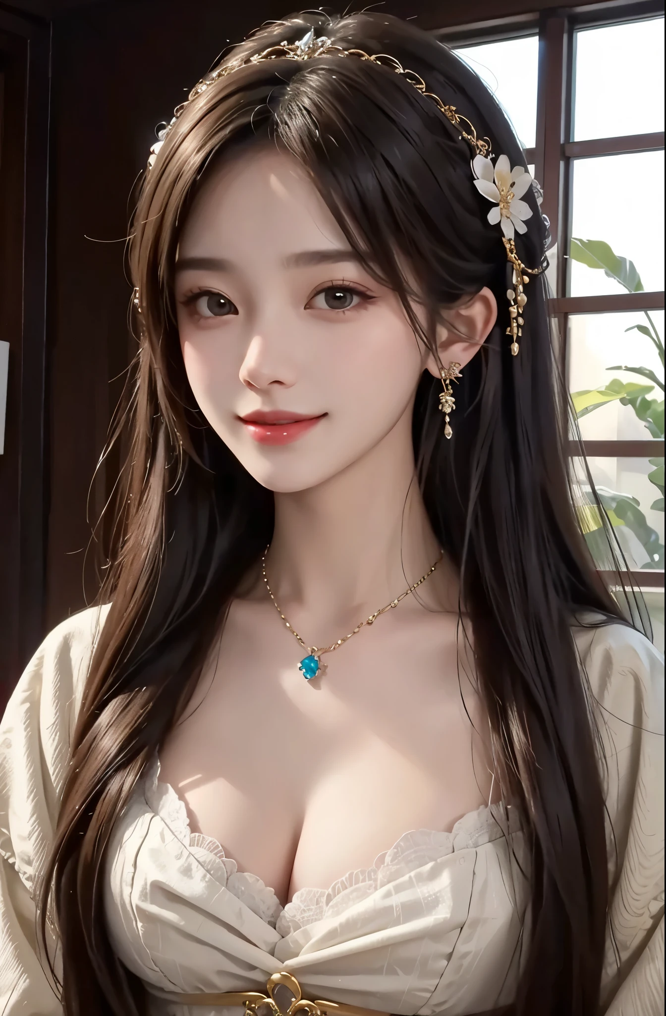8K Ultra HD, table top, highest quality, beautiful girl, long hair, Beautiful necklaces, beautiful earrings, beautiful hair ornament, girl, smile, Sexy, big breasts, cinematic lighting