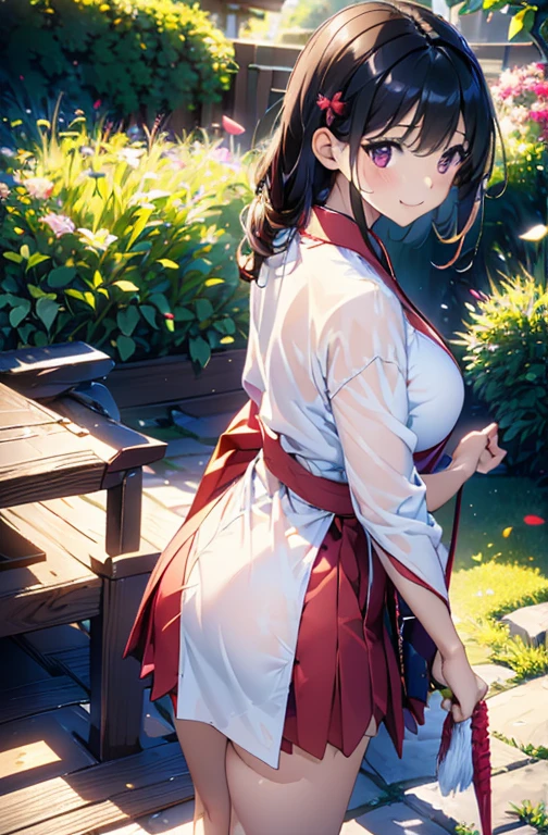 ((highest quality))、((8K))、((High resolution))、((masterpiece))、((Super detailed))、one girl、((Looking at camera from behind))、((photo from the knees up))、((standing))、 Angle looking up from below、height 160cm、Black hair as glossy as lacquer、Pink eyes that sparkle like a rainbow、Quiet and timid big eyes、((Bangs like Yamato Nadeshiko))、(Brightly colored flower hairpins)、modest smile、(blush)、Beautiful big breasts with good shape、buttocks, (Beautiful and bright shrine maiden clothes)、(red long hakama:1.1)、band、No sleeve、wide sleeve、white shirt、Japanese garden、glitter effect, Lens flare, shiny, shine、Let the petals flap in the garden