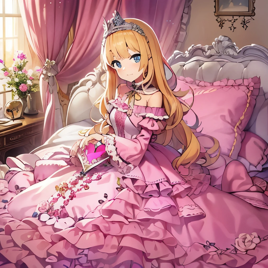 highest quality, masterpiece, highest resolution, artwork, super それにget used to it, many get used to it, get used to it, それにget used to it,(young face),(cute little face),(pretty girl),(10 years old),((white skin)),((blonde)),((blue eyes)),the girl is a princess,((girly dark pink satin fabric)), ((Victorian ball gown princess dress with plenty of pink ruffles and bows and a voluminous full-length hoop skirt.)),long sleeve,long dress,A dress with lots of frills and ribbons...,luxury, ((Palace bedroom)), ((Huge luxury victorian canopy king size pink bed)), lots of frilly pillows,ruffle bed skirt,sitting on the bed,Super high quality beautiful girl,high quality dresses,high quality bed,super detailed background, arm details,finger details,(unity 8k wallpaper),The entire bed is reflected,