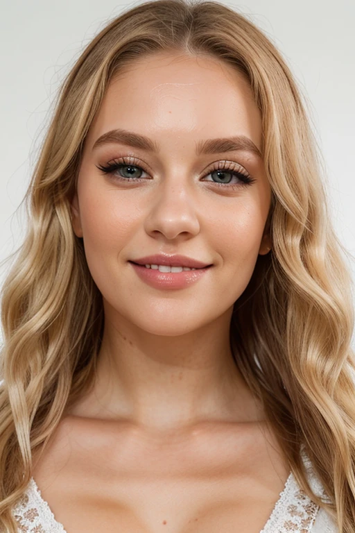 Beautiful woman,27 year old woman, white woman, blonde hair, wavy hair, blonde eyebrows, hazel eyes, well detailed eyes, thick eyelashes, beautiful face, symmetrical face, full lips, smile, high cheekbones, complementary composition