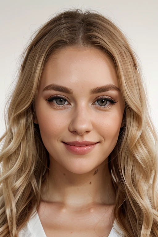 Beautiful woman,27 year old woman, white woman, blonde hair, wavy hair, blonde eyebrows, hazel eyes, well detailed eyes, thick eyelashes, beautiful face, symmetrical face, full lips, smile, high cheekbones, complementary composition