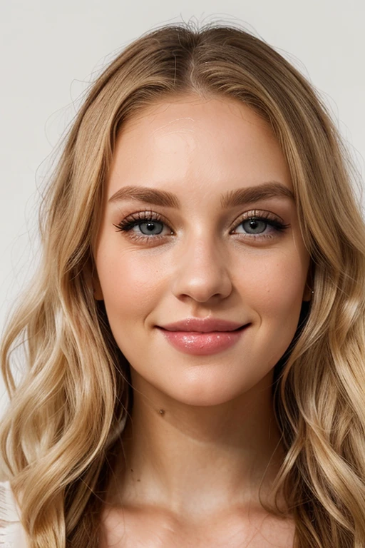 Beautiful woman,27 year old woman, white woman, blonde hair, wavy hair, blonde eyebrows, hazel eyes, well detailed eyes, thick eyelashes, beautiful face, symmetrical face, full lips, smile, high cheekbones, complementary composition