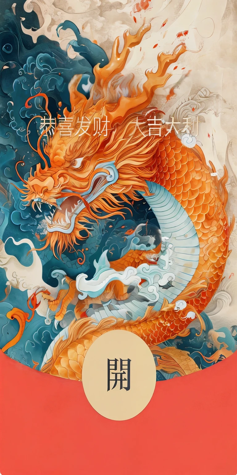 A dragon with a long tail on a red background, Chinese mythology, Chinese fantasy, by Zhu Da, by Yan Hui, by Qu Leilei, dragon design language, smooth Chinese dragon, chinese surrealism, Inspired by Li Shixing, Jellyfish Phoenix Dragon, Chinese dreamland, Chinese art style, ，Text Congratulations on getting rich，Good luck ，Chinese dragon，best quality，masterpiece，4K，ultra high resolution，（long：1.2），red eyes，open mouth，Black scales，cyanhair，Oriental Dragon，sharp teeth
