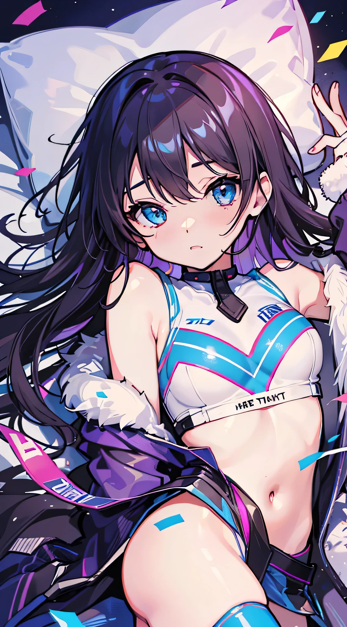 High resolution、beautiful dark blue eyes、1 girl、long hair、(Cheerleader:1.1)、sleeping face up on the bed、cute anime illustration、perfect lighting、whole body、perfect anatomy