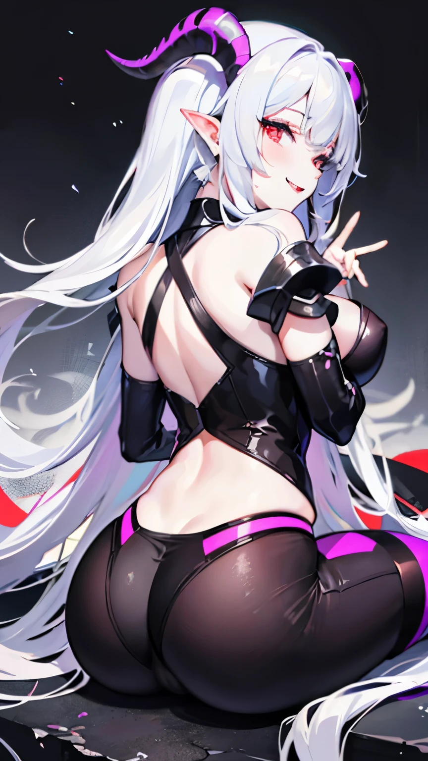 pale skin,dark风,long white hair,black eye shadow,red eyes,Abstinence,dark,goat horn,succubus,Smile,Sticking out tongue,Battle damage,Broken clothes,big ass,playful
,puppy,Transparent underwear,sitting,back view,hot pants,butt close-up