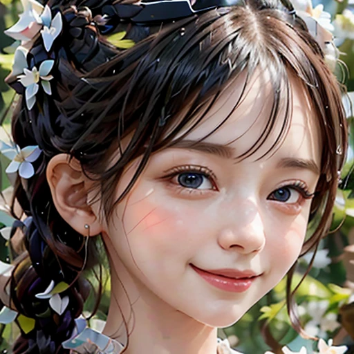 highest quality, ultra nothing, realistic, Photo of one beautiful woman, detailed face, black dutch braid with a twist, (detailed porcelain dolls,Delicate clothes with lots of frills and ribbons), Mansion Pool, (close up face), fascinating look, looking at the viewer, smile, Bright lighting, 10 years old