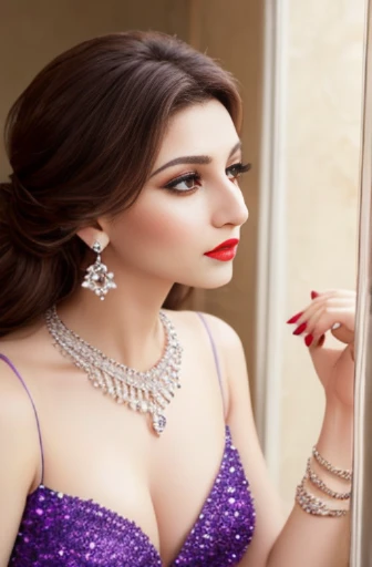 Lebanese woman, diamond dangling earrings, necklace, bracelets, small breasts, 40 years old, smokey eyes, cleavages, red lips, innocent face, purple fashion ball gown, stylish hairstyle, posing, modeling, brunette 