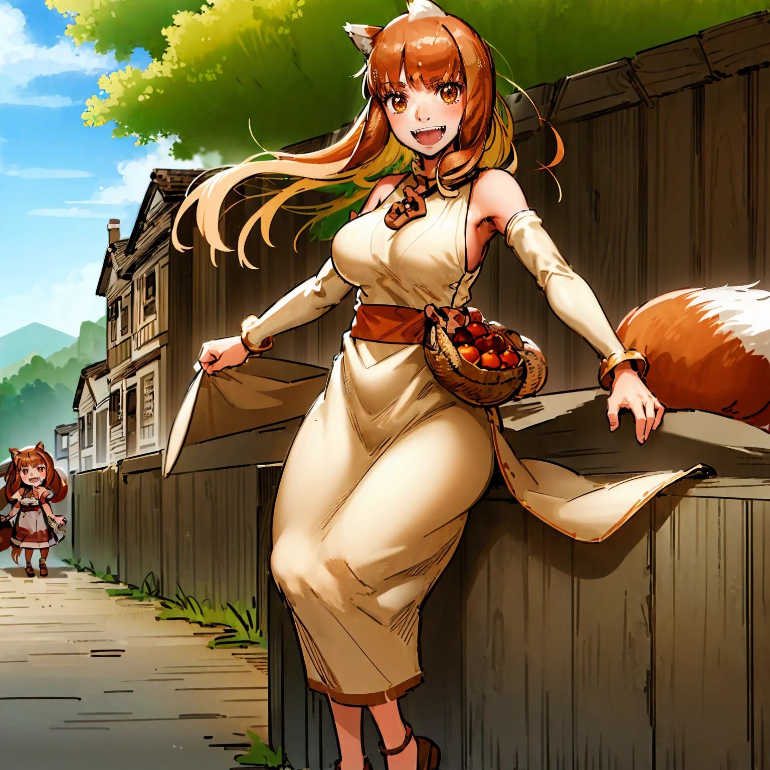 (holo:1.5), (holoBrownDress:1.5), masterpiece, best quality, absurdres, 1girl, looking at viewer, standing, cowboy shot, outdoors, medieval, cobblestone street, town, pouch, sash, smile, fruit, apple, basket,big breast, curvy, silver hair, white hair, full body, flipflops,open mouth smile, fangs,