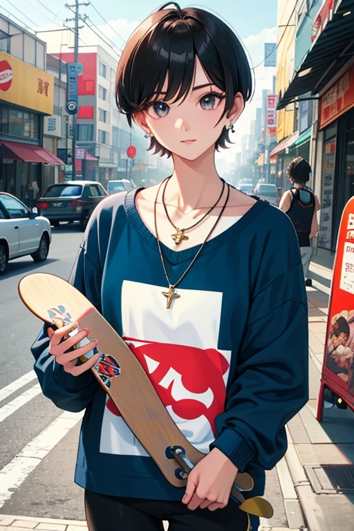 Ride a skateboard、Beauty、Upper body、28 years old、short hair、Hand２Book、meaty、Glamour、earrings、necklace、square