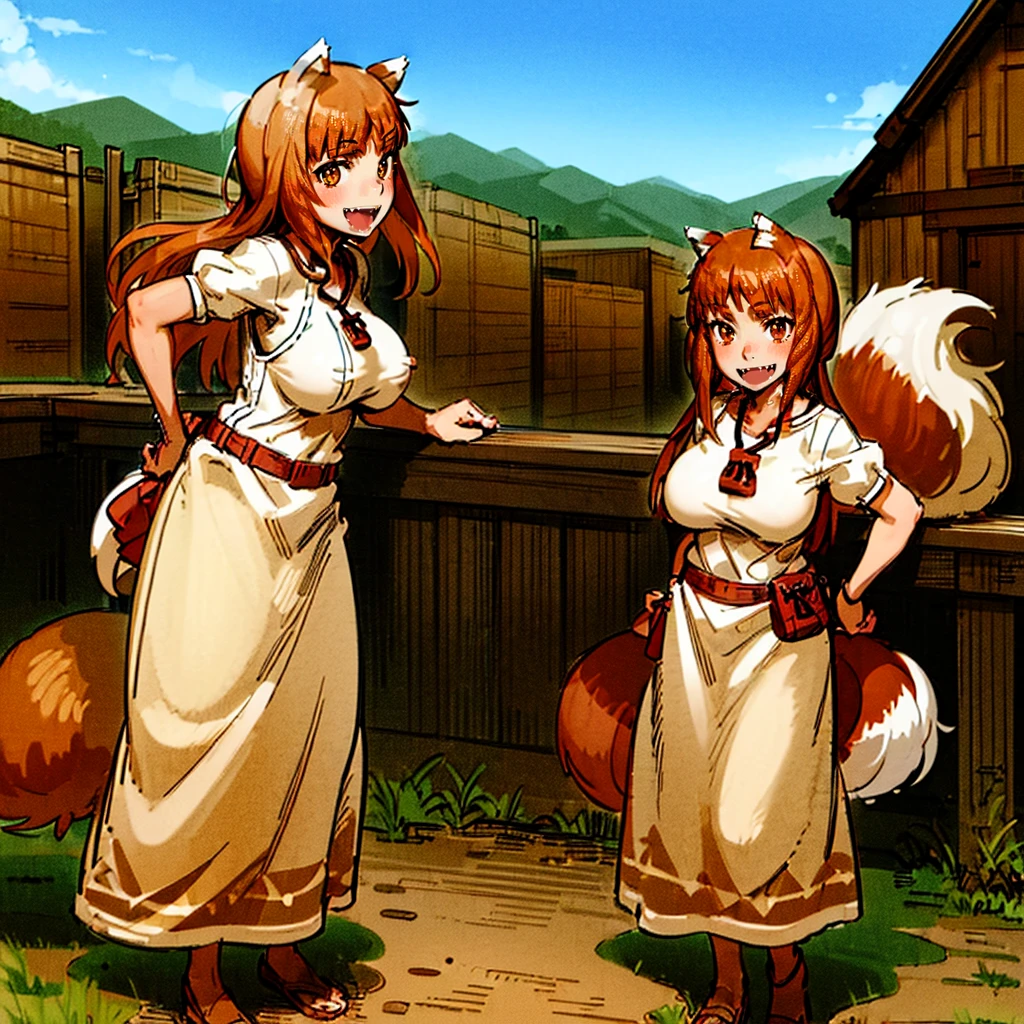 (holo:1.5), (holoBrownDress:1.5), masterpiece, best quality, absurdres, 1girl, looking at viewer, standing, cowboy shot, outdoors, medieval, cobblestone street, town, pouch, sash, smile, fruit, apple, basket,big breast, curvy, silver hair, white hair, full body, flipflops,open mouth smile, fangs,