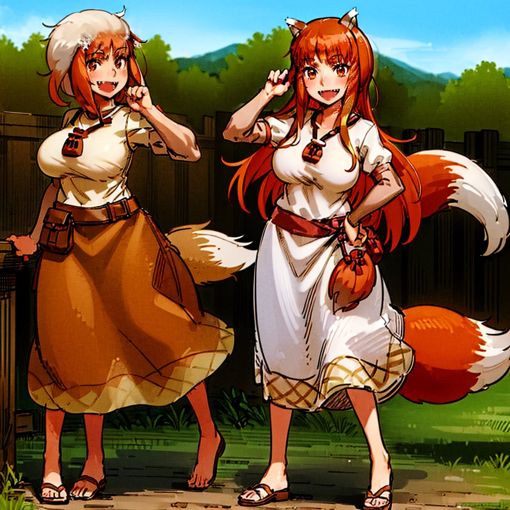 (holo:1.5), (holoBrownDress:1.5), masterpiece, best quality, absurdres, 1girl, looking at viewer, standing, cowboy shot, outdoors, medieval, cobblestone street, town, pouch, sash, smile, fruit, apple, basket,big breast, curvy, silver hair, white hair, full body, flipflops,open mouth smile, fangs,
