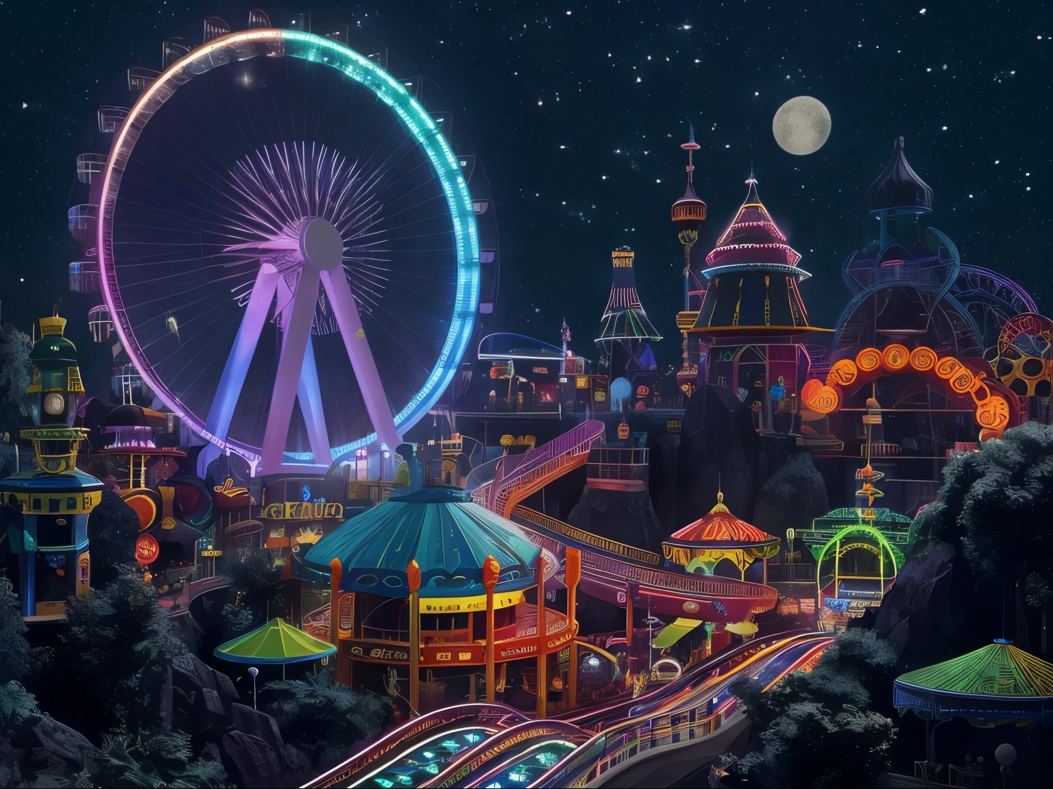 photography, brightly lit amusement Rides and buildings in a nighttime scene, wonderland at night, amusement park, ( Ferris wheel ), amusement park attractions, arstation and beeple height, dream world, Rides, theme park, Ferris wheel, post apocalyptic theme park, Concept art magical highlights, bee color, ring world, fantasy land, Bee rendering, disneyland background