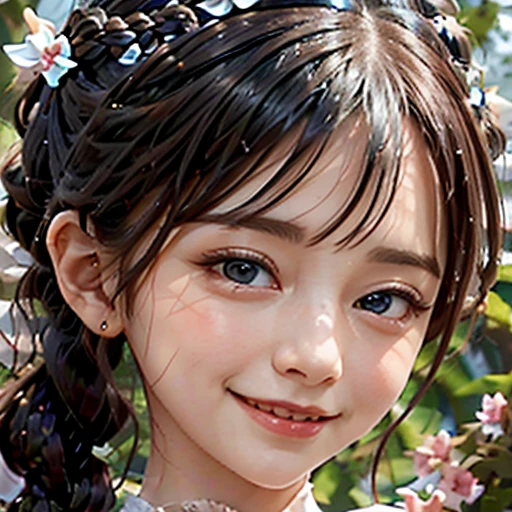 highest quality, ultra nothing, realistic, Photo of one beautiful woman, detailed face, black dutch braid with a twist, (detailed porcelain dolls,Delicate clothes with lots of frills and ribbons), Mansion Pool, (close up face), fascinating look, looking at the viewer, smile, Bright lighting, 10 years old