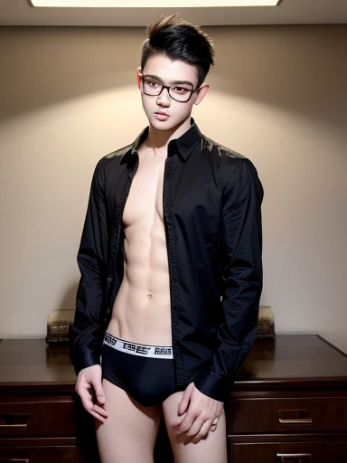 Punk boy wearing glasses and dark shirt,no clothes are worn,boys in underwear