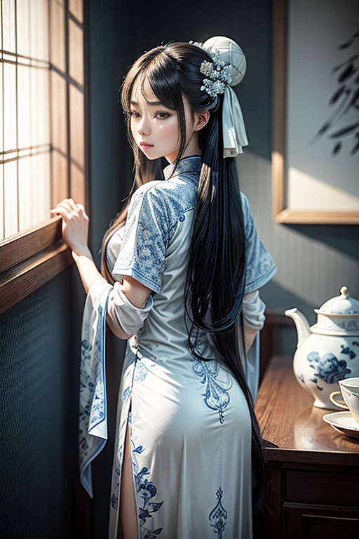 ((best quality)),((excellent quality, 8K, master piece: 1.5)), The pubic area is clear: 1.4, perfect body beauty: 1.4, sexy hanfu clothes,sexy hanfu clothes,I can see your pants,gray hair,wet skin, sleeping in bed,back stance,pointed ass,round butt,pointed ass,Raise your ass,film texture,