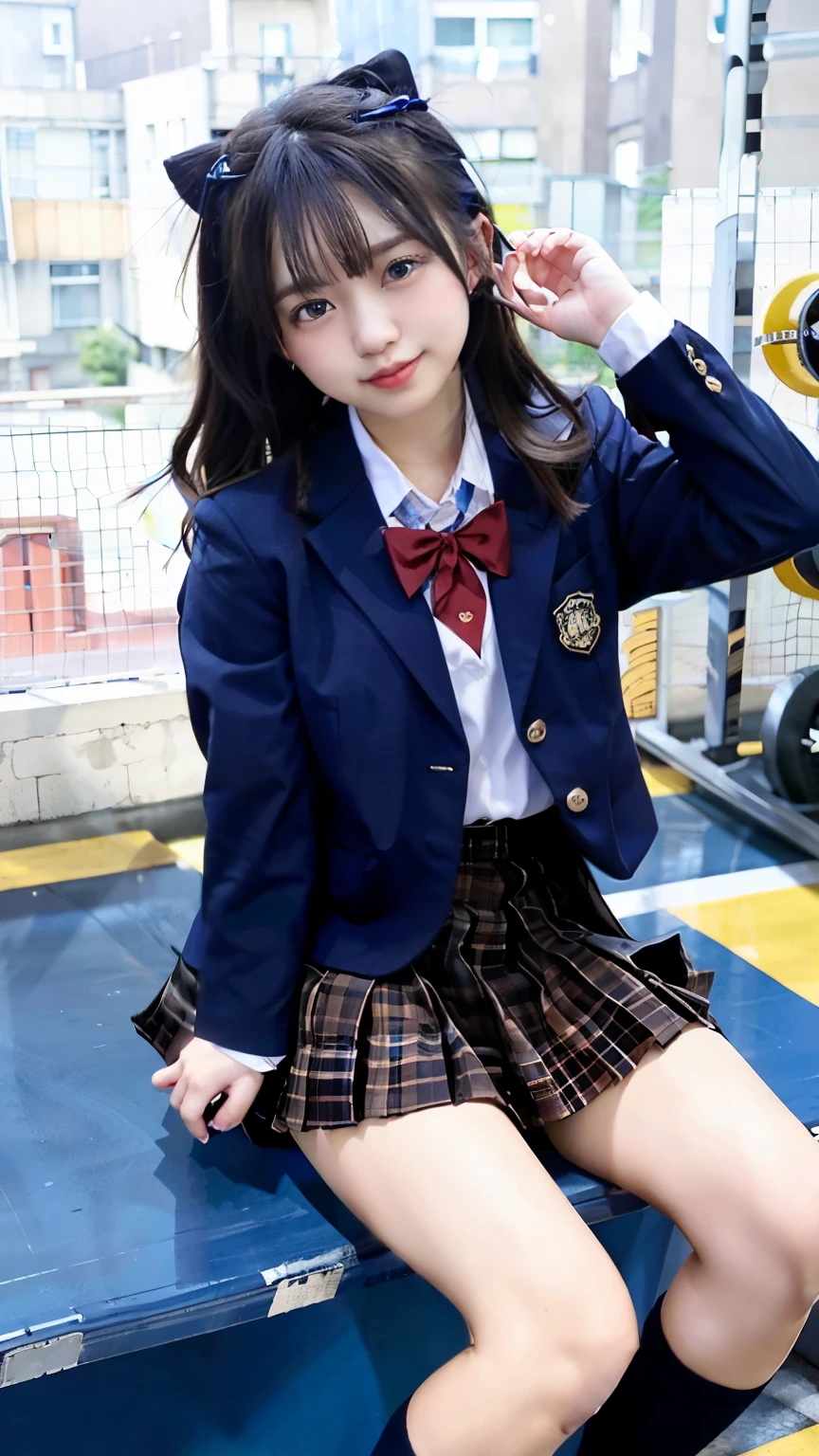 (Masterpiece:1.2, high quality),  wearing underwear, panties, loose socks, black hair, buttocks, brown eyes, blue skirt, solo, blazer type school uniform, panties, loose socks, black hair, lifting clothes, brown eyes, blue skirt, pure gaze, school uniform, miniskirt, herself lift, plaid skirt, kawaii, blush, a smile, (sweat), Long hair, Physical education sitting, beauty legs, Schools