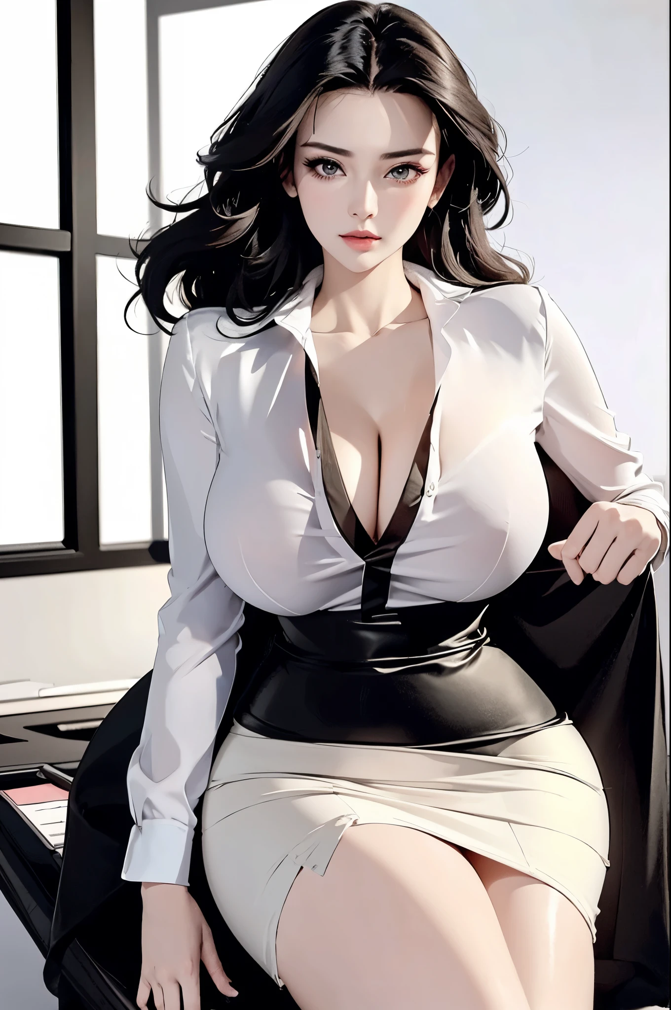 "Sakura, 24, secretary, in her form-fitting secretary outfit, a vision of allure and sophistication, well-tailored pencil skirt and fitted blouse accentuating her slim waist and curvaceous hips, skirt showcasing her shapely legs paired with high-heeled pumps, blouse in crisp white or soft pastel enhancing her fair complexion, glossy black hair worn down in soft waves, light sophisticated makeup emphasizing her almond-shaped eyes, a string of pearls around her neck symbolizing elegance, in a photorealistic image, professional office fashion photography style, half body shot, 70mm lens, refined and elegant lighting, high resolution 8K, capturing her stunning blend of professionalism, elegance, and allure (professional office fashion photography:1.4), (elegance and allure:1.3), (sophisticated and light makeup:1.2)"