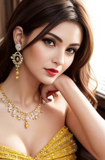Lebanese woman, diamond dangling earrings, necklace, bracelets, small breasts, 40 years old, smokey eyes, cleavages, red lips, innocent face, yellow fashion ball gown, stylish hairstyle, posing, modeling, brunette