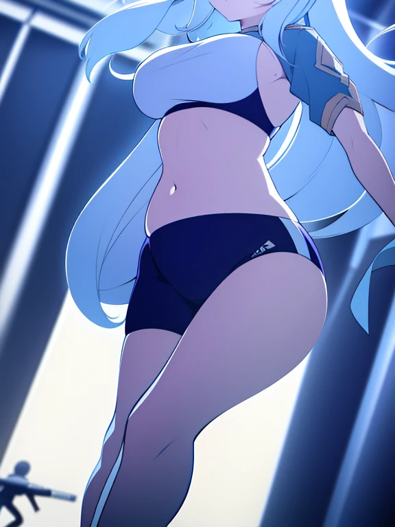 (Very high quality, detailed, masterpiece, from behind) An image of a full body pregnant girl with a round belly, long hair, very big breasts and a bubble butt. She's standing barefoot with her hands on her belly and leaning back. She's wearing a crop top, very thight shorts and glasses.