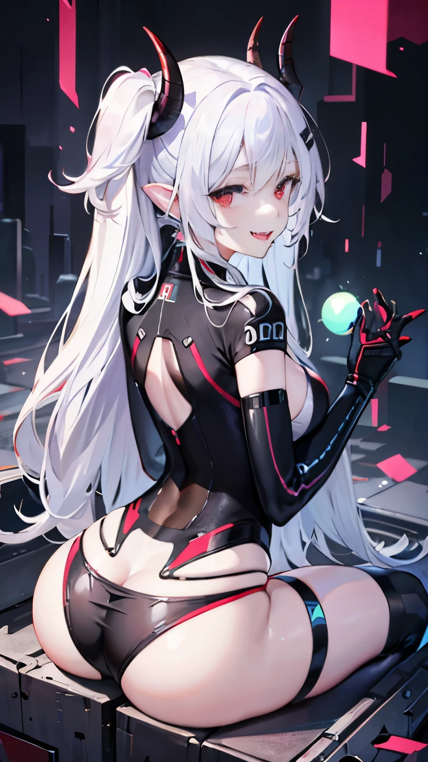pale skin,dark风,long white hair,black eye shadow,red eyes,Abstinence,dark,goat horn,succubus,Open the legs,Smile,Sticking out tongue,Battle damage,Broken clothes,big ass,playful
,puppy,Transparent underwear,camel toe,sitting,back view,hot pants,butt close-up,Mecha