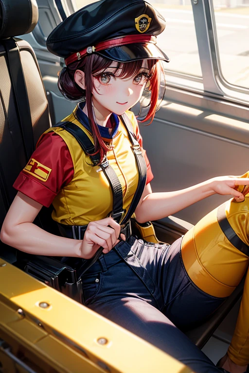 Rescue Worker、cute、seriously、Lashes long、highest quality、Highest image quality、yellow and red uniform