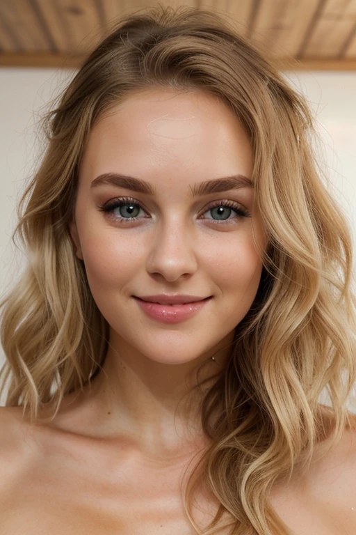 Beautiful woman,27 year old woman, white woman, blonde hair, wavy hair, blonde eyebrows, hazel eyes, well detailed eyes, natural eyes,thick eyelashes, beautiful face, symmetrical face, full lips, smile, high cheekbones, naked,small breasts, ((small nipples)), natural skin,complementary composition