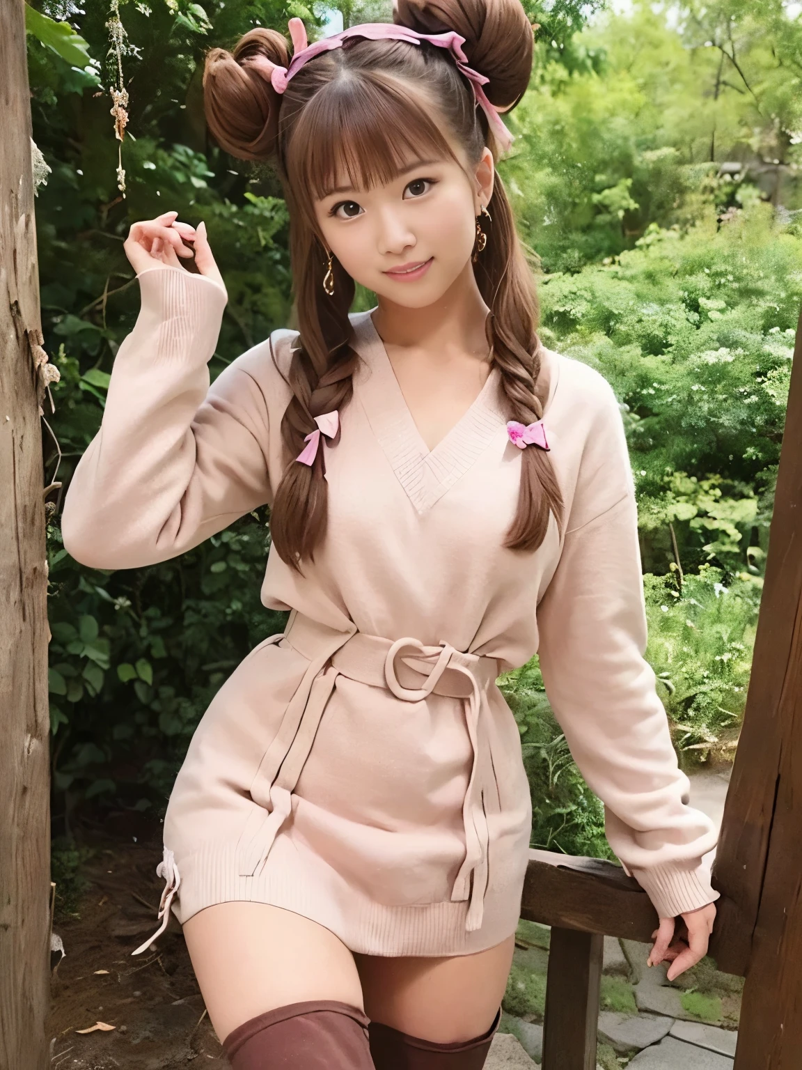 ((super high quality:1.2,super high quality:1.2,photo reality:1.2,ultra high resolution,super fine,alone,No medical defects,Not medically excessive)),(Perfectly balanced body),look at the camera,smile,blush,(double bun),(light brown hair),(very long hair),(V-neck sweater),Miniskater skirt,check,hairpin,hair ribbon,knee high boots,cowboy shot,put your hand on your chest