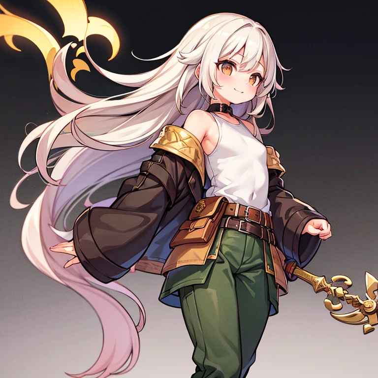 1girl, A girl with slightly above average height and a slender, athletic build, flexible, light tan, oval face with soft features, large, expressive brown eyes framed by long, thick eyelashes, small straight nose and full pink lips, sweet smile, long, wavy hair the color of a raven's wing, her hair is loose and falls over her shoulders and back, a light gray shirt tucked into dark green trousers, a pair of brown leather boots and a belt with a sword attached to it, clothes are decorated with gold and bronze accents,