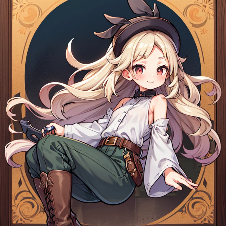 1girl, A girl with slightly above average height and a slender, athletic build, flexible, light tan, oval face with soft features, large, expressive brown eyes framed by long, thick eyelashes, small straight nose and full pink lips, sweet smile, long, wavy hair the color of a raven's wing, her hair is loose and falls over her shoulders and back, a light gray shirt tucked into dark green trousers, a pair of brown leather boots and a belt with a sword attached to it, clothes are decorated with gold and bronze accents,