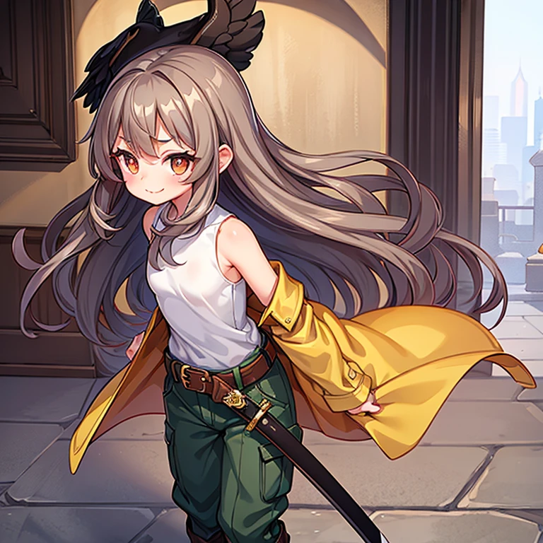 1girl, A girl with slightly above average height and a slender, athletic build, flexible, light tan, oval face with soft features, large, expressive brown eyes framed by long, thick eyelashes, small straight nose and full pink lips, sweet smile, long, wavy hair the color of a raven's wing, her hair is loose and falls over her shoulders and back, a light gray shirt tucked into dark green trousers, a pair of brown leather boots and a belt with a sword attached to it, clothes are decorated with gold and bronze accents,