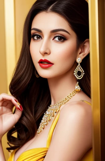 Lebanese woman, diamond dangling earrings, necklace, bracelets, small breasts, 40 years old, smokey eyes, cleavages, red lips, innocent face, yellow fashion ball gown, stylish hairstyle, posing, modeling, brunette