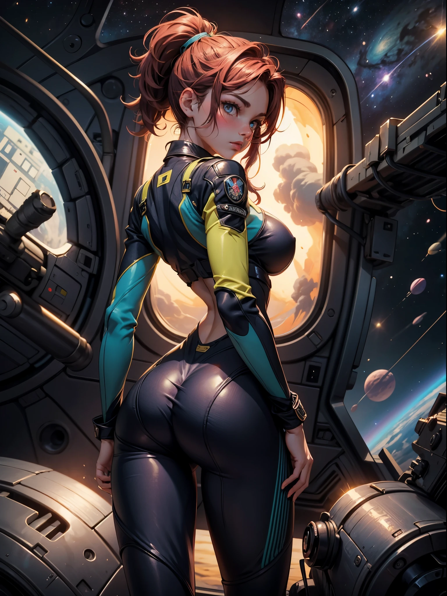 rear view, backside view, turning away, sandy hair, eyes are blue, fit body large breasts slender thighs slender waist pilot suit solo looking away from viewer, in space, long hair, blushing, determination, 8k, extreme detail,