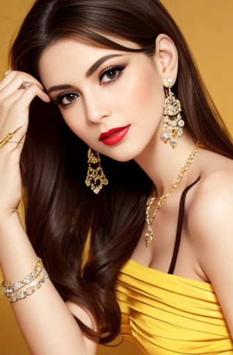 Lebanese woman, diamond dangling earrings, necklace, bracelets, small breasts, 40 years old, smokey eyes, cleavages, red lips, innocent face, yellow fashion ball gown, stylish hairstyle, posing, modeling, brunette 