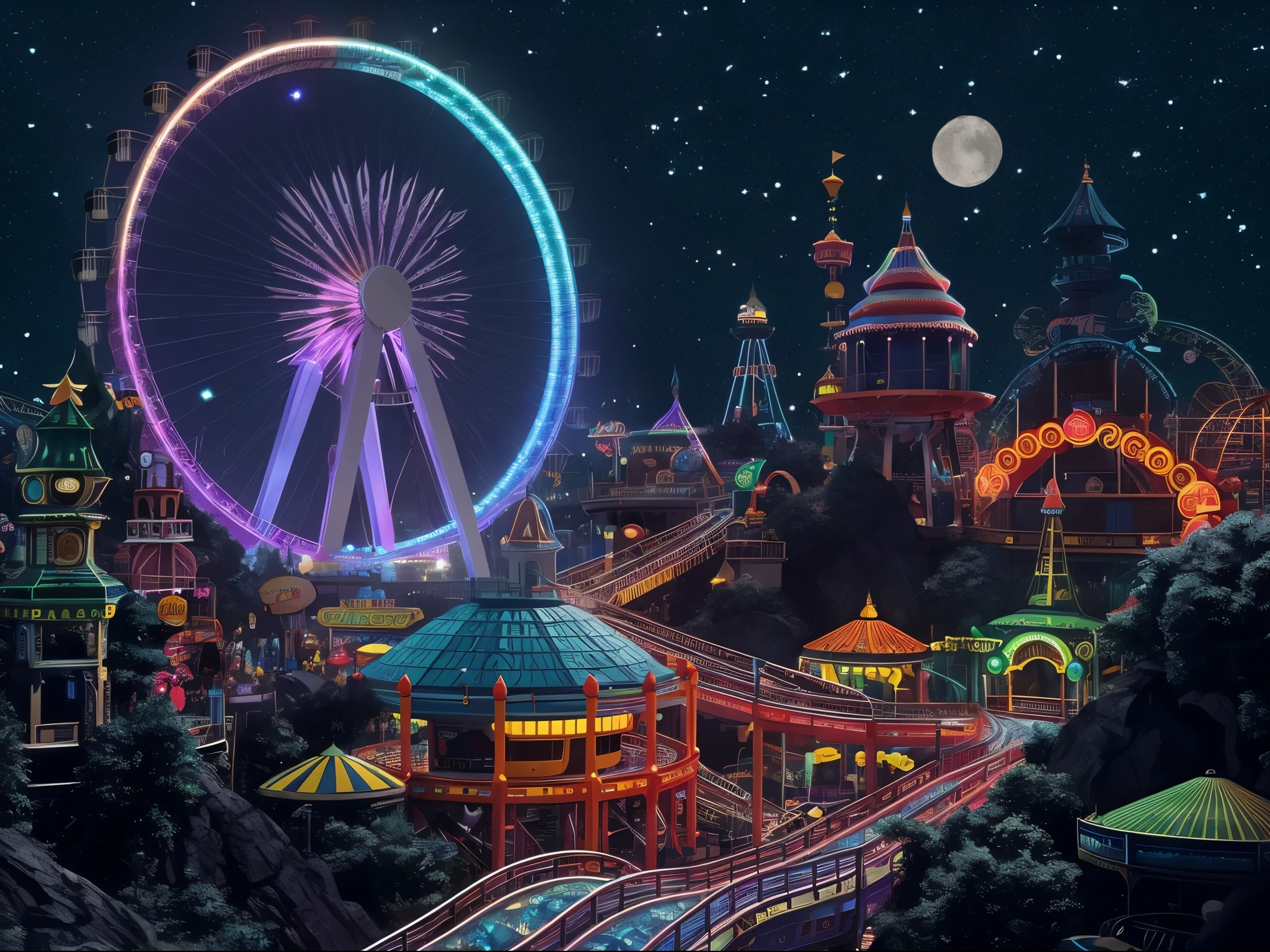 photography, brightly lit amusement Rides and buildings in a nighttime scene, wonderland at night, amusement park, ( Ferris wheel ), amusement park attractions, arstation and beeple height, dream world, Rides, theme park, Ferris wheel, post apocalyptic theme park, Concept art magical highlights, bee color, ring world, fantasy land, Bee rendering, disneyland background