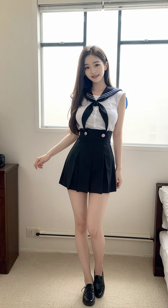 1 sister,cute,black hair,,Smile,It looks very,Sailor suit,photography,Real shot,quality,Detailed face shape,whole body,huge breasts,Expose the lower chest,lengthen waist,thin legs,long legs,Wear and wear,wear shoes,Put it manually behind your back,In the corner of the room,A well-behaved and obedient sister,absolute obedience,Do not dare to disobey,