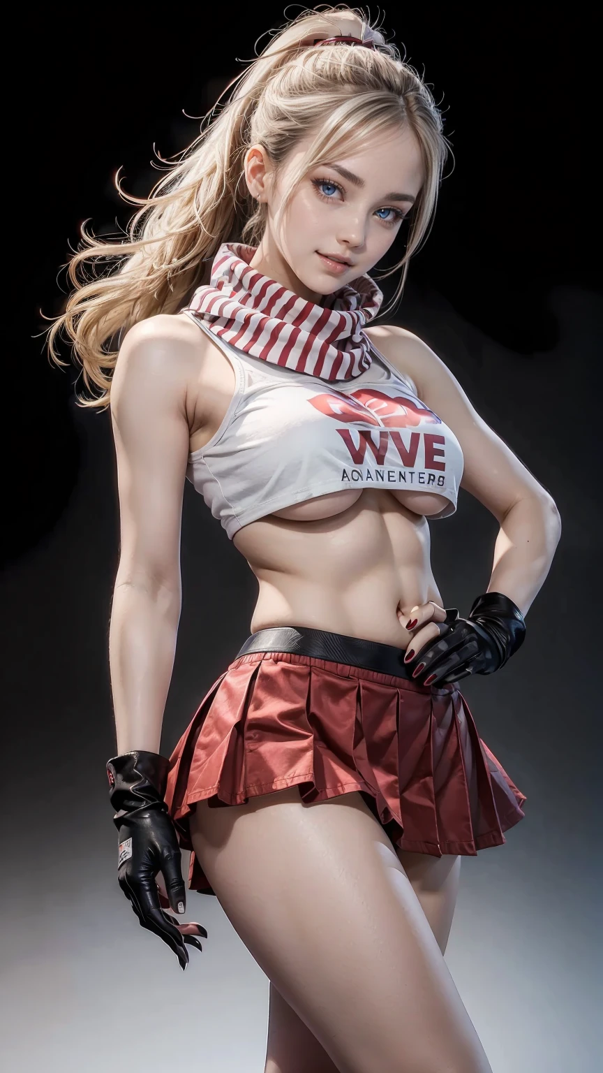 highest quality、masterpiece、ultra high resolution、24 year old white female、Hair color is brunette、blue eyes、medium long hair、my hair is wavy、I have a ponytail、smile、Slender but well-proportioned feminine body、wearing red nail polish、She&#39;s wearing a T-shirt that shows her underboob、My abs are cracked、I can see my bellybutton、I&#39;m wearing a low-rise pleated skirt、I&#39;m punching my chest、wearing finger gloves、wearing a scarf、black to white gradient background